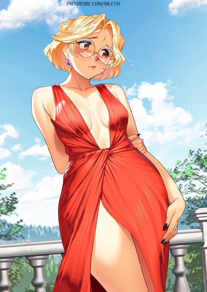 1girl black_nails blonde_hair breasts center_opening cleavage cloud cloudy_sky collarbone commentary day dress earrings english_commentary glasses jewelry looking_to_the_side mleth nail_polish original outdoors red_dress round_eyewear sky solo stina_(mleth) thighs watermark web_address