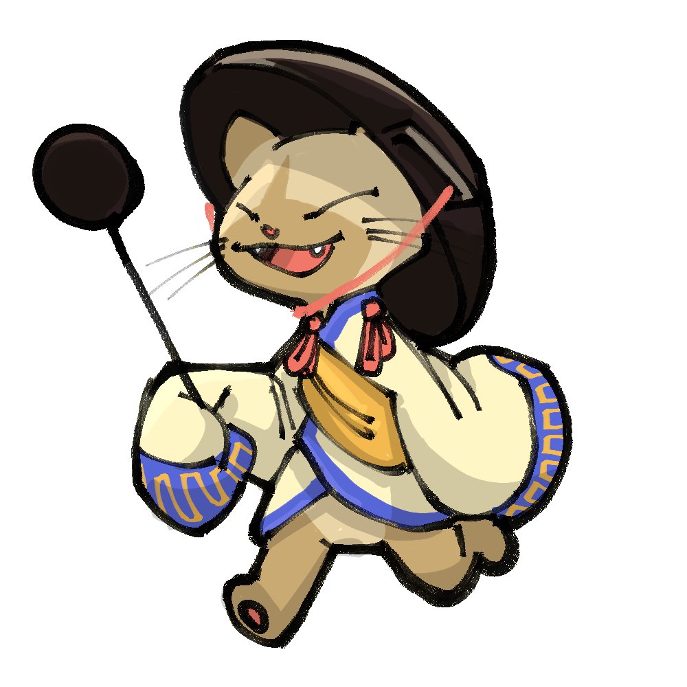 1other closed_eyes clothing_request commentary english_commentary fangs felyne full_body hat_string holding holding_ladle ladle long_sleeves monster_hunter_(series) object_on_head open_mouth pot_on_head pr_quote shirt simple_background sleeves_past_fingers sleeves_past_wrists smile solo string walking whiskers white_background wok yellow_shirt