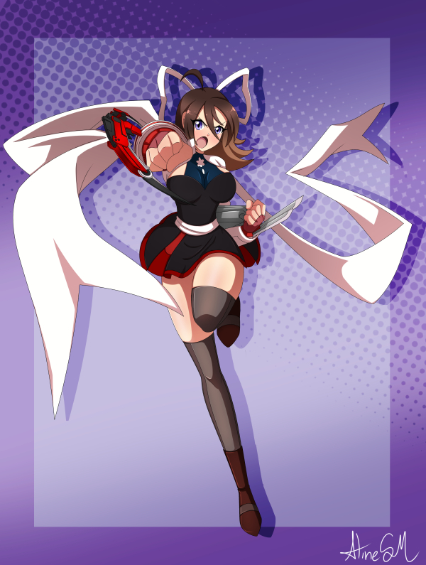 1girl alinesm asuka_(senran_kagura) bare_shoulders black_hair breasts brown_hair commission crescent_rose crossover fusion gauntlets hair_ornament hair_ribbon hairclip hexafusion large_breasts looking_at_viewer multicolored_hair purple_eyes red_hair ribbon ruby_rose rwby scarf scythe senki_zesshou_symphogear senki_zesshou_symphogear_xd_unlimited senran_kagura senran_kagura_peach_beach_splash senran_kagura_shinovi_versus senran_kagura_shoujo-tachi_no_shin'ei short_hair skirt solo sweater_vest tachibana_hibiki_(symphogear) thighhighs two-tone_hair white_ribbon white_scarf