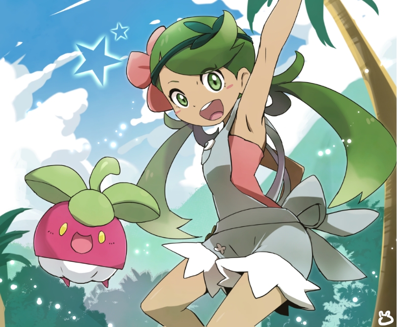 1girl :d blue_sky bounsweet cloud commentary_request cowboy_shot dark-skinned_female dark_skin flower gen_7_pokemon green_eyes green_hair green_headband grey_overalls hair_flower hair_ornament headband looking_at_viewer mallow_(pokemon) nintendo open_mouth outdoors overall_shorts overalls palm_tree pink_flower pokemon pokemon_(creature) pokemon_sm sky smile star_(symbol) swept_bangs tree twintails yoshishi_(yosisitoho)