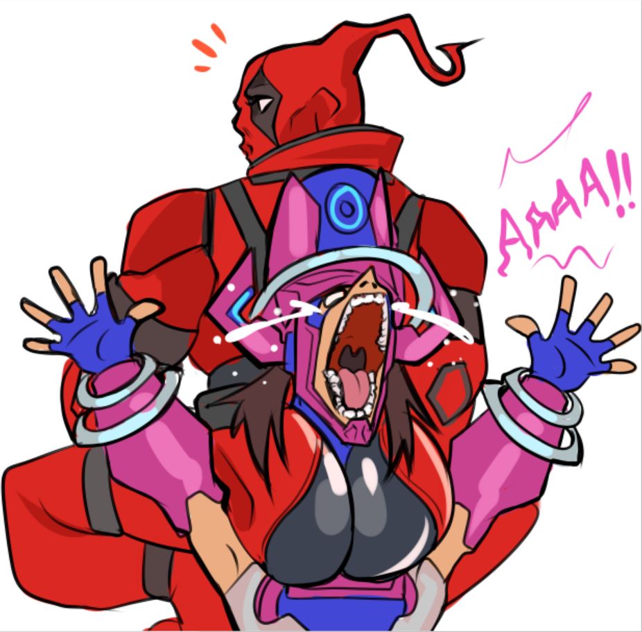1boy 1girl asphyxiation ass back back_focus black_hair broly_culo_(meme) commentary deadpool deadpool_(series) english_commentary fingerless_gloves from_behind galacta gloves hands_up looking_back marvel marvel_rivals meme muscular muscular_male no_pupils open_mouth purple_gloves red_mask screaming sketch squatting superhero_costume tazahan tears teeth white_background