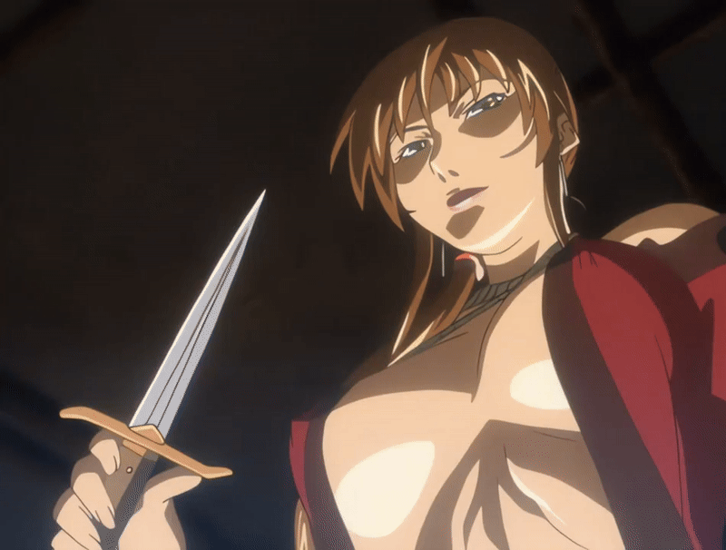 00s 1girl 2007 animated animated_gif bible_black bible_black_new_testament bouncing_breasts breasts brown_hair cloak earrings imari_kurumi jewelry knife large_breasts lipstick makeup mature_female nipples robe shin_bible_black side_ponytail tagme teeth undressing upper_teeth_only