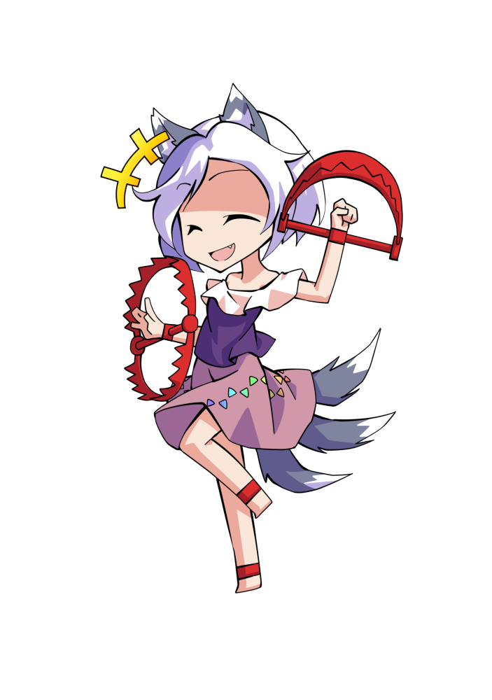1girl animal_ears anklet arm_up barefoot bear_trap chibi chibi_only closed_eyes commentary_request dairi dog_ears dog_tail full_body grey_hair jewelry large_variant_set mitsugashira_enoko multiple_tails purple_shirt shirt short_hair short_sleeves simple_background skirt solo tachi-e tail touhou transparent_background variant_set