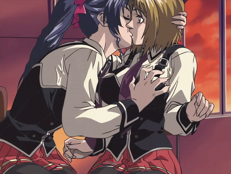 00s 2002 2girls animated animated_gif bible_black bible_black_gaiden blonde_hair breasts classroom drill_hair drill_ponytail french_kiss grabbing_another's_breast groping groping_breast head_grab kiss kitami_reika kozono_nami large_breasts multiple_girls necktie ponytail purple_hair saliva saliva_trail school school_uniform shirt short_hair sunset suspenders tagme white_shirt window yuri