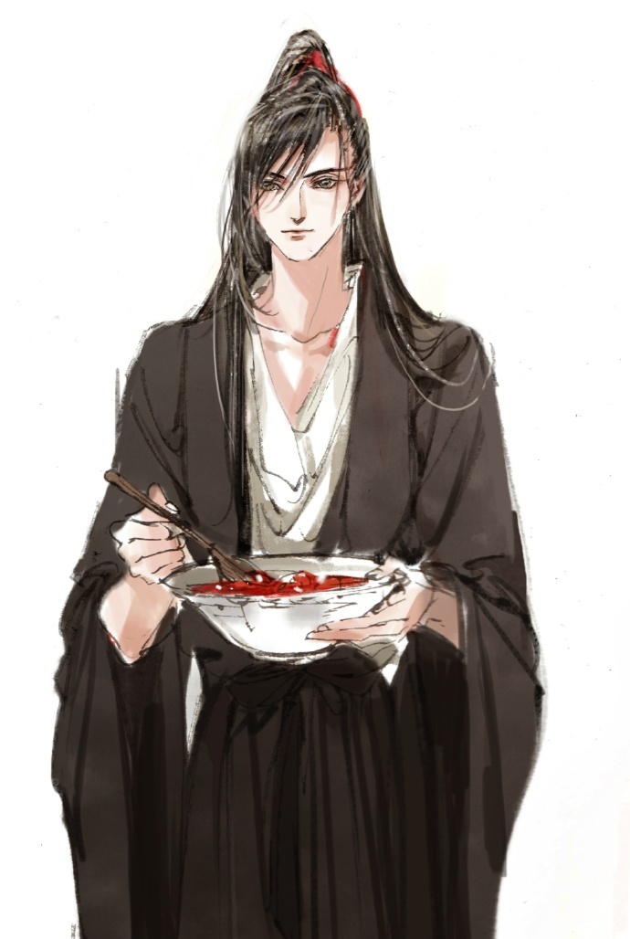 1boy black_hair black_hanfu bowl brown_eyes chinese_clothes closed_mouth collarbone faux_traditional_media food hanfu high_ponytail holding holding_bowl holding_spoon ink_wash_painting kcllzas163 long_hair long_sleeves male_focus modao_zushi ponytail robe simple_background smile solo soup spoon standing third-party_source wei_wuxian white_background wide_sleeves