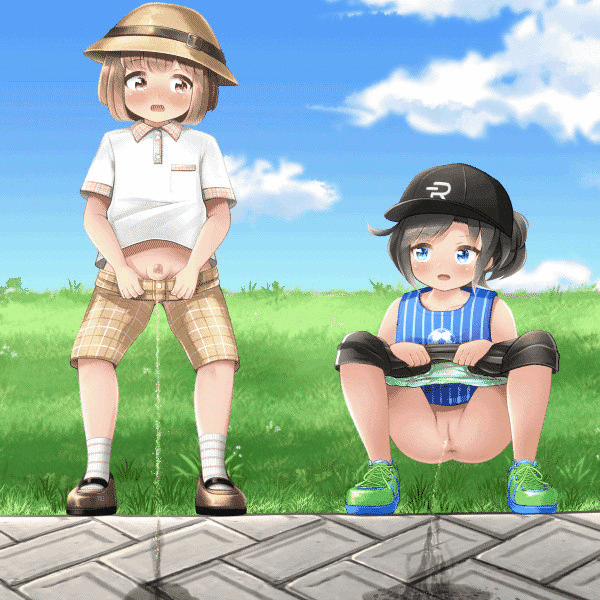 1boy 1girl animated animated_gif anus baseball_cap black_hair black_hat black_shorts blue_eyes blue_shirt blush breast_pocket brown_eyes brown_hair brown_hat brown_shoes brown_shorts clothes_pull cloud collarbone erection flat_chest grass green_panties green_shoes hat live2d loli long_hair looking_at_another looking_down open_mouth original panties panty_pull peeing peeing_together penis plaid_clothes plaid_shorts pocket ponytail print_shirt puddle pussy renati_(renatium) shirt shoes short_hair short_sleeves shorts shorts_pull shota sky small_penis sneakers soccer_ball_print socks squatting standing striped_clothes striped_shirt striped_socks tank_top testicles underwear white_shirt white_socks
