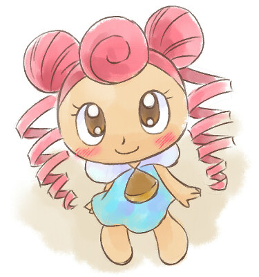 1girl barefoot blue_dress blush brown_eyes chibi double_bun dress drill_hair from_above glace_hime hair_bun long_hair looking_at_viewer looking_up pink_hair shinken-zemi sleeveless sleeveless_dress smile standing twin_drills white_background yamanokonza