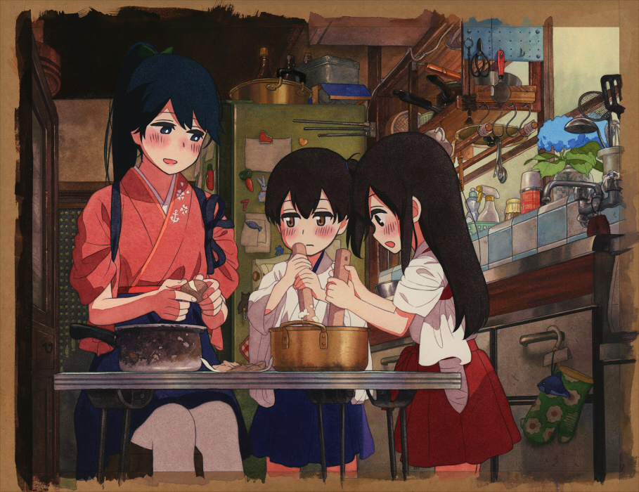 10s 3girls absurdly_detailed_composition aged_down akagi_(kancolle) blue_eyes blue_hair blue_skirt blush bottle bowl brown_eyes brown_hair chair commentary_request cooking cowboy_shot cup food hair_between_eyes hakama hakama_short_skirt hakama_skirt houshou_(kancolle) indoors japanese_clothes kaga_(kancolle) kantai_collection kitchen loaded_interior long_hair looking_at_another looking_down miniskirt mixing_bowl multiple_girls open_mouth painting_(medium) pantyhose peeling pleated_skirt ponytail potato red_skirt refrigerator shijukara_(great_tit) short_ponytail side_ponytail sitting skirt slice_of_life standing sticker stove straight_hair table tile_wall tiles traditional_media watercolor_(medium) white_legwear bad_tag