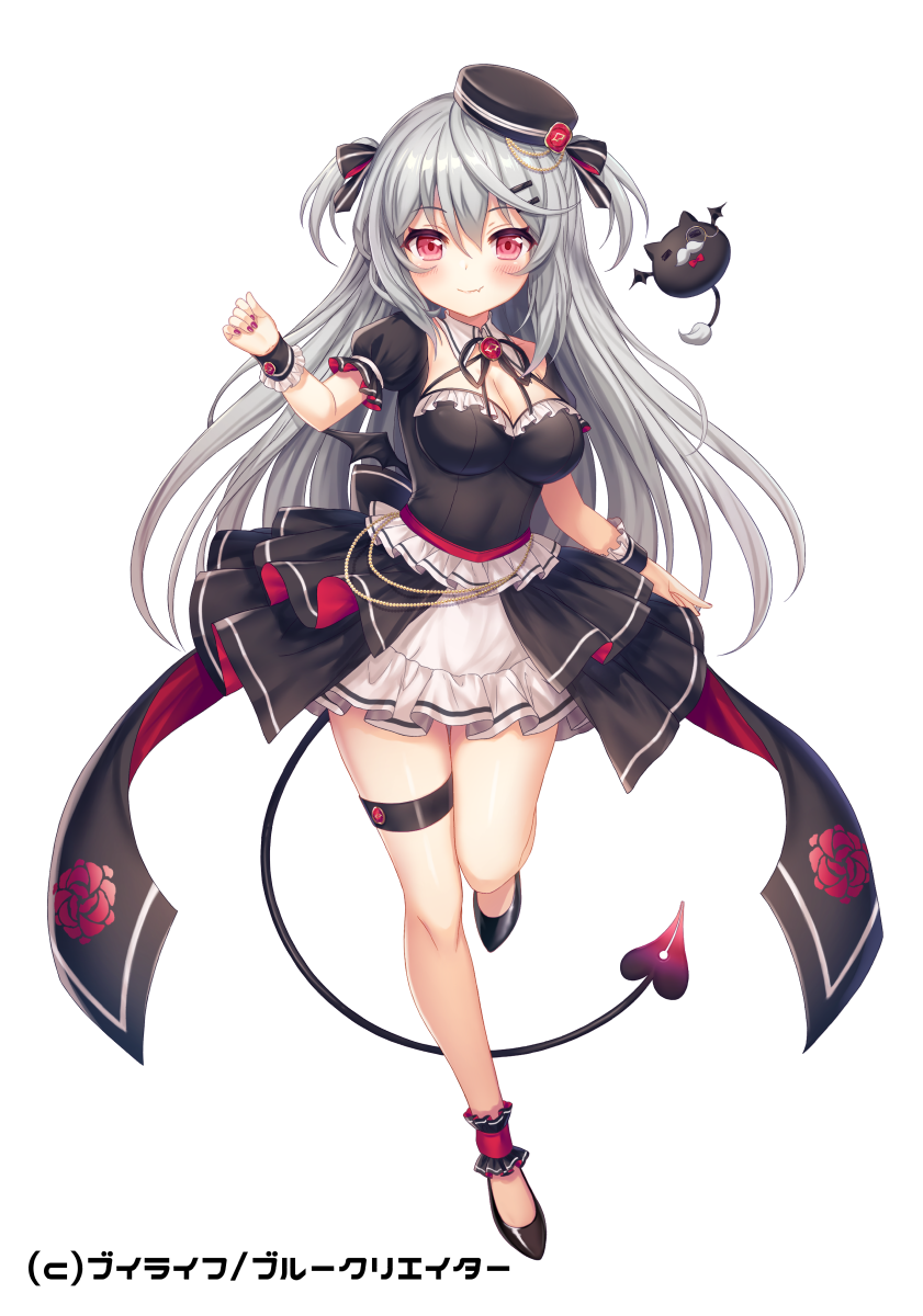 1girl black_dress black_hat black_shoes blue_creator blush breasts character_request cleavage closed_mouth commentary_request demon_tail dress frilled_dress frills full_body grey_hair hair_between_eyes hat highres ichigo_seika long_hair medium_breasts mini_hat official_art puffy_short_sleeves puffy_sleeves red_eyes shoes short_sleeves simple_background smile solo standing standing_on_one_leg tail tilted_headwear two_side_up very_long_hair vlife white_background wrist_cuffs