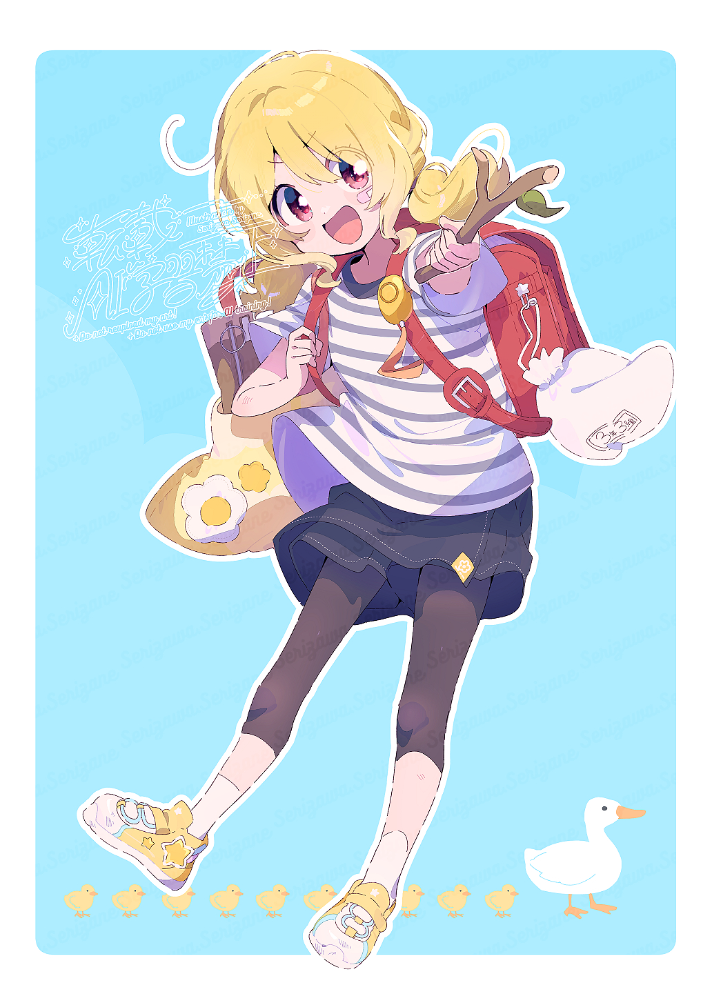 1girl :d baby_animal backpack bag bird black_leggings black_skirt blonde_hair blue_background blush_stickers border branch commentary_request dot_nose duck duckling full_body hair_between_eyes highres holding holding_branch holding_strap leggings looking_at_viewer loose_hair_strand low_twintails magia_record:_mahou_shoujo_madoka_magica_gaiden mahou_shoujo_madoka_magica medium_hair open_mouth outline outside_border randoseru red_bag serizawa_serizane shirt shoes short_sleeves simple_background skirt smile socks solo standing striped_clothes striped_shirt togame_momoko twintails v-shaped_eyebrows watermark white_border white_outline white_shirt white_socks yellow_shoes