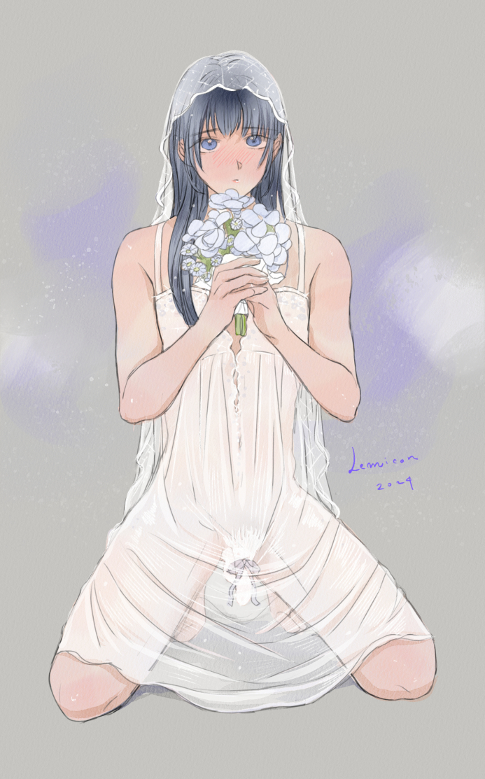 1boy black_hair blank_censor blue_eyes blush bouquet censored crossdressing crossdressing_(mtf) flaccid flower kneeling lemicon lingerie long_hair looking_at_viewer negligee original penis ribbon_on_penis trap underwear veil white_negligee