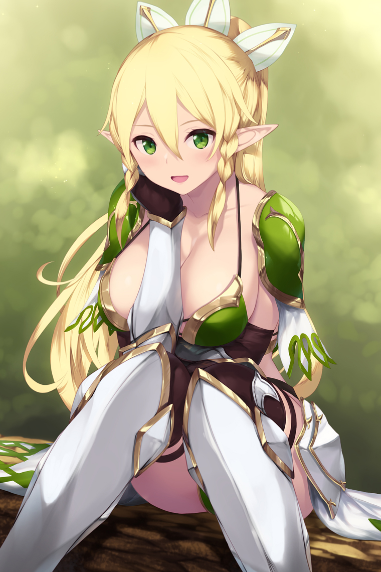 1girl armor bikini_armor black_thighhighs blonde_hair boots braid breasts cait_aron cleavage commentary_request green_armor green_eyes hand_on_own_chin large_breasts leafa_(sao) leg_armor long_hair looking_at_viewer open_mouth pointy_ears ponytail shoulder_armor sitting smile solo sword_art_online thighhighs thighhighs_under_boots twin_braids waist_cape white_armor