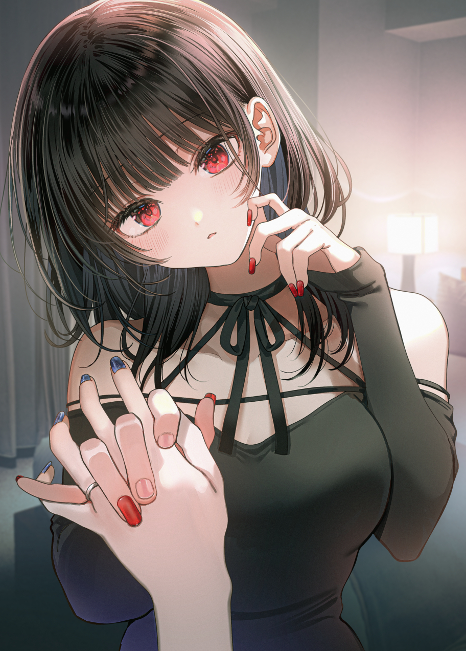 2girls bare_shoulders black_hair blue_nails blush breasts commentary_request highres interlocked_fingers jewelry long_hair looking_at_viewer multiple_girls nishizawa original pov red_eyes red_nails ring yuri