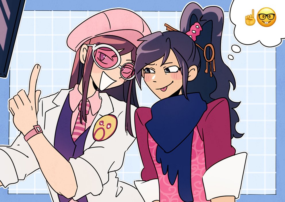 2girls ace_attorney ace_attorney_investigations ace_attorney_investigations:_miles_edgeworth apollo_justice:_ace_attorney black_hair brown_hair cellphone_photo commentary ema_skye emoji emoticon english_commentary glasses kay_faraday long_hair ministarfruit multiple_girls spoken_expression