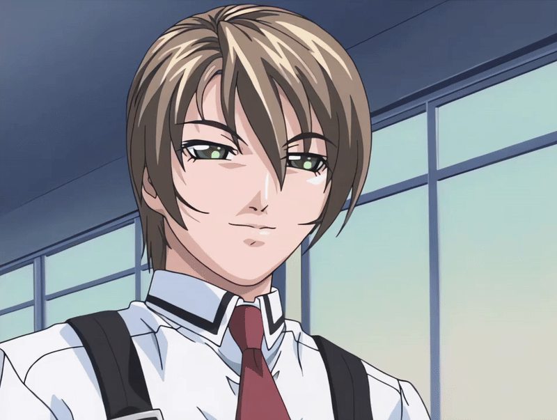 00s 2002 animated animated_gif bible_black bible_black_gaiden brown_hair green_eyes necktie school school_uniform shido_saki shirt short_hair smile suspenders tagme white_shirt