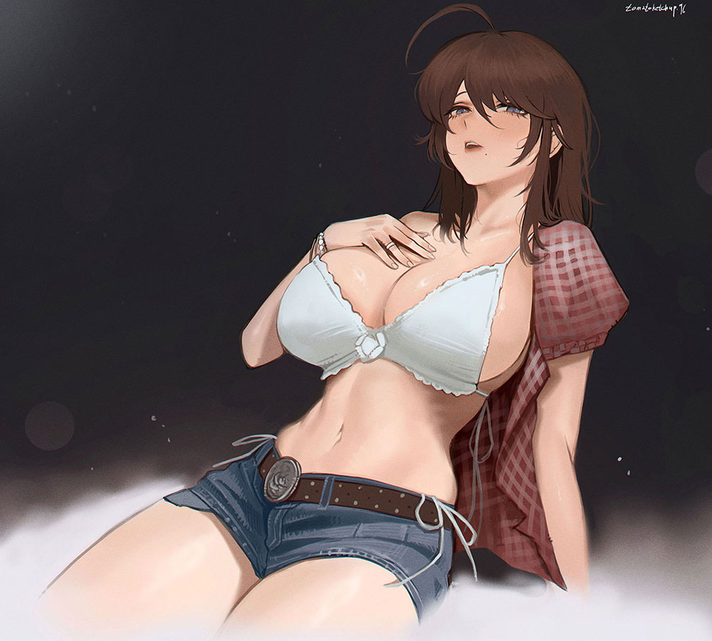 1girl ahoge arm_support bikini black_background blue_eyes bra bracelet breasts brown_hair brown_shorts cleavage commentary commission cosplay denim denim_shorts english_commentary jewelry kwon_eun-bi kwon_eun-bi_(cosplay) large_breasts long_hair mole mole_under_mouth navel open_clothes open_mouth open_shirt original pearl_bracelet red_shirt ring shirt shorts signature sitting swimsuit tomatoketchup96 underwear white_bikini