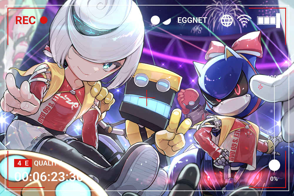 1girl aerial_fireworks artist_name black_boots blue_eyes blue_hair bodysuit boots camera cape capelet car colored_extremities colored_inner_hair colored_skin commentary commentary_request cubot double_v dr._eggman fireworks glowing glowing_eyes glowing_mouth hair_ribbon hand_on_another's_shoulder hatsune_miku hatsune_miku_(sonic_style) head_on_hand holding holding_camera insignia leaning_back leaning_to_the_side loli metal_sonic metal_wrist_cuffs military_rank_insignia motor_vehicle multicolored_hair myuutau_tadakichi night orbot race_queen race_vehicle racecar recording ribbon sage_(sonic) signature sitting sitting_on_object skirt sonic_(series) sonic_frontiers sonic_racing:_crossworlds sweat sweatdrop twitter_username v video_camera viewfinder volume_symbol white_hair white_skin white_skirt wi-fi_symbol yellow_cape