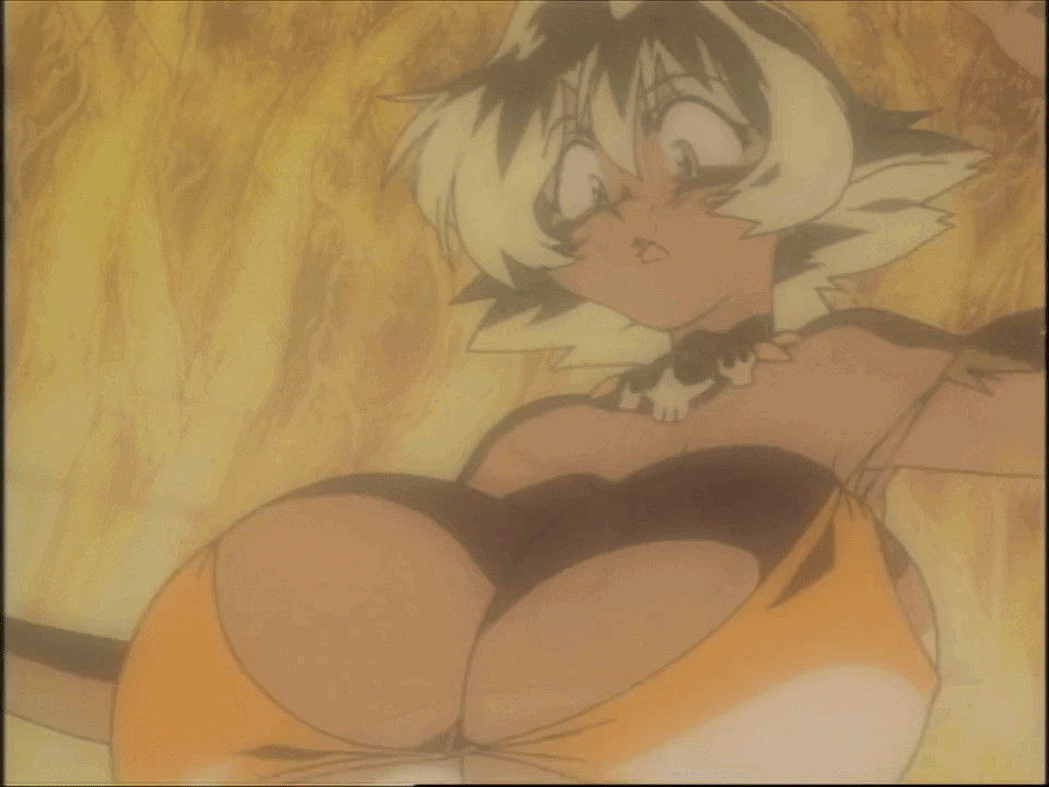 animated animated_gif anime_screenshot blonde_hair bouncing_breasts breasts dark-skinned_female dark_skin gigantic_breasts huge_breasts jewelry jungle_de_ikou looking_at_breasts looking_down mii_(jungle_de_ikou) necklace short_hair skull_necklace