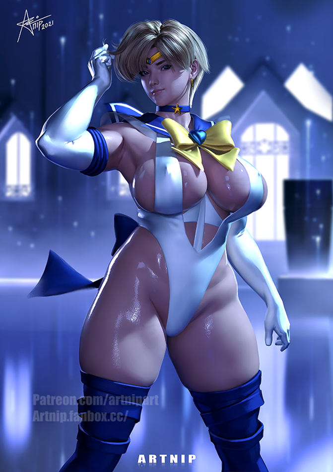 1girl artnip bishoujo_senshi_sailor_moon blonde_hair blue_boots blue_choker blue_eyes boots breasts choker circlet cleavage curvy elbow_gloves english_text gloves large_breasts leotard outer_senshi paid_reward_available sailor_uranus short_hair solo ten'ou_haruka thigh_boots thighhighs very_short_hair white_gloves white_leotard