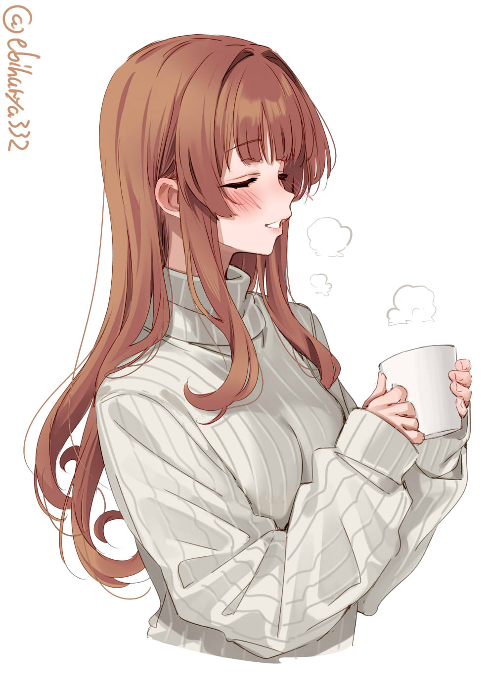 1girl artist_name blush breasts closed_eyes commentary_request cropped_torso cup ebifurya grin hair_intakes hands_up helena_(kancolle) highres holding holding_cup kantai_collection long_hair long_sleeves medium_breasts one-hour_drawing_challenge sidelocks simple_background sleeves_past_wrists smile solo steam sweater turtleneck turtleneck_sweater twitter_username white_background
