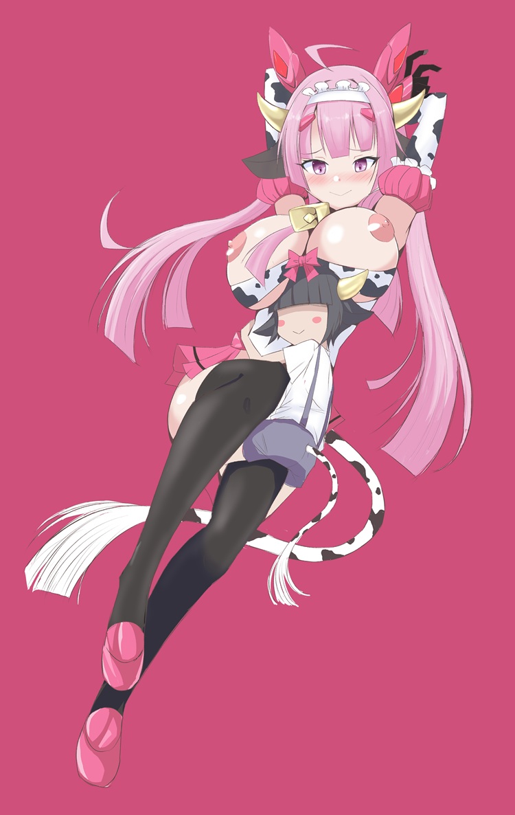 1boy 1girl ahoge amakubo_yuri animal_ears animal_print arms_behind_head arms_up bell blush breasts bulge cow_ears cow_girl cow_horns cow_print cow_tail cowbell erection erection_under_clothes gloves heart hetero horns kouyoku_senki_exs-tia large_breasts long_hair looking_at_viewer milk_slave_maid_(exs-tia) neck_bell nipples pink_background pink_eyes pink_hair purple_eyes sadenhek simple_background smile solo tail thighhighs