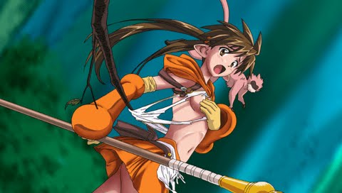 00s 1girl anime_screenshot brown_hair censored convenient_censoring elf female_focus flat_chest forest_keeper_nowa game_cg long_hair lowres monkey no_panties non-web_source nowa_(queen's_blade) open_mouth pointy_ears polearm queen's_blade solo spear surprised wardrobe_malfunction weapon