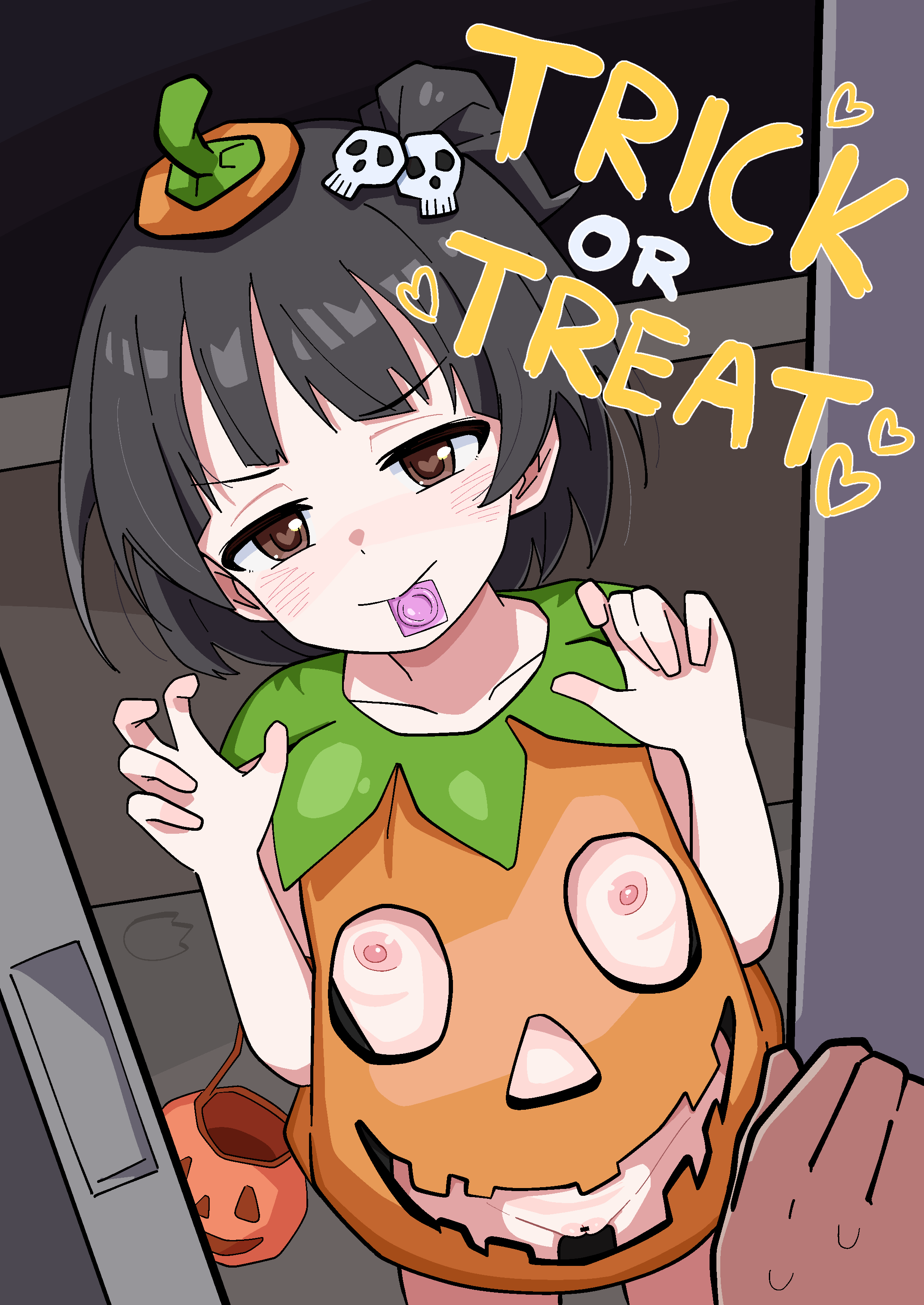 1girl absurdres black_hair brown_eyes condom condom_in_mouth condom_wrapper flat_chest halloween halloween_bucket halloween_costume highres idolmaster idolmaster_million_live! jack-o'-lantern loli looking_at_viewer mouth_hold nakatani_iku nipples ohgi910 short_hair trick-or-treating trick_or_treat