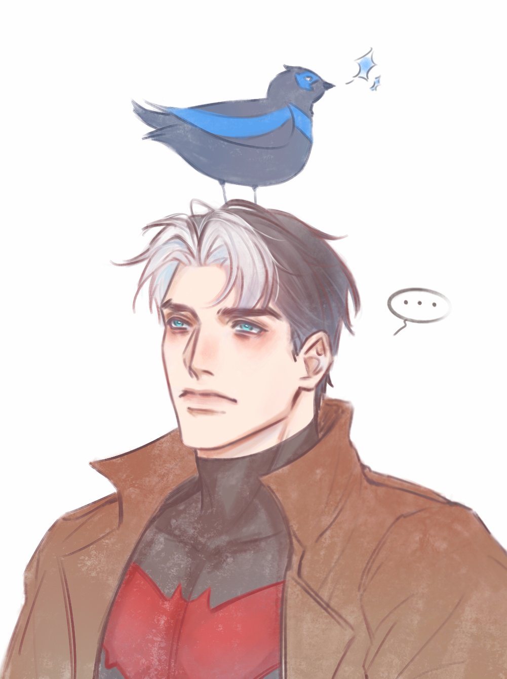 animalization bat_signal batman_(series) batman_symbol black_bodysuit bodysuit brothers brown_jacket dc_comics dick_grayson grey_bodysuit highres jacket jason_todd jiangchunwei7 multicolored_bodysuit multicolored_hair muscular muscular_male nightwing open_clothes red_hood_(dc) red_hood_and_the_outlaws siblings superhero_costume taut_bodysuit two-tone_bodysuit two-tone_hair