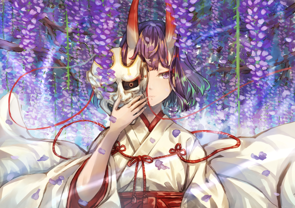 1girl commentary_request fate/grand_order fate_(series) flower holding holding_mask horns japanese_clothes kimono kinoko_(shikimylove) mask miko oni_mask plant purple_eyes purple_hair short_hair shuten_douji_(fate) string upper_body vines wisteria