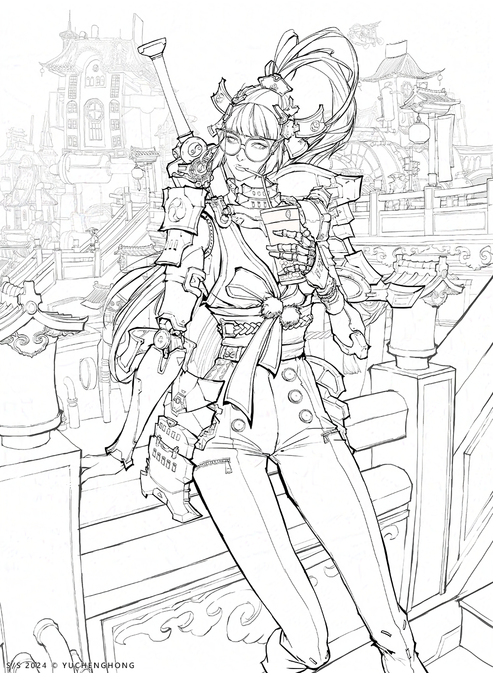 2024 against_railing architecture arm_at_side arm_support armor artist_name blunt_bangs breasts bridge bubble_tea city cloud commentary copyright_notice cup cyberpunk cyborg dated day disposable_coffee_cup disposable_cup drinking drinking_straw drinking_straw_in_mouth east_asian_architecture emblem english_commentary eyes_visible_through_eyewear feet_out_of_frame floating_clothes greyscale hair_ornament hand_up high_ponytail highres hip_armor holding holding_cup japanese_armor leaning lineart long_hair looking_to_the_side mechanical_arms mechanical_collar medium_breasts monochrome mountainous_horizon original outdoors pants pom_pom_(clothes) ponytail railing redesign ribbon river rope rope_around_waist round_eyewear samurai sash science_fiction shoulder_armor sideboob sidelocks sky stairs standing steampunk sword sword_on_back taiwan tank_top tinted_eyewear turning_head unfinished waist_ribbon water weapon weapon_on_back yin_yang yu_cheng_hong zipper