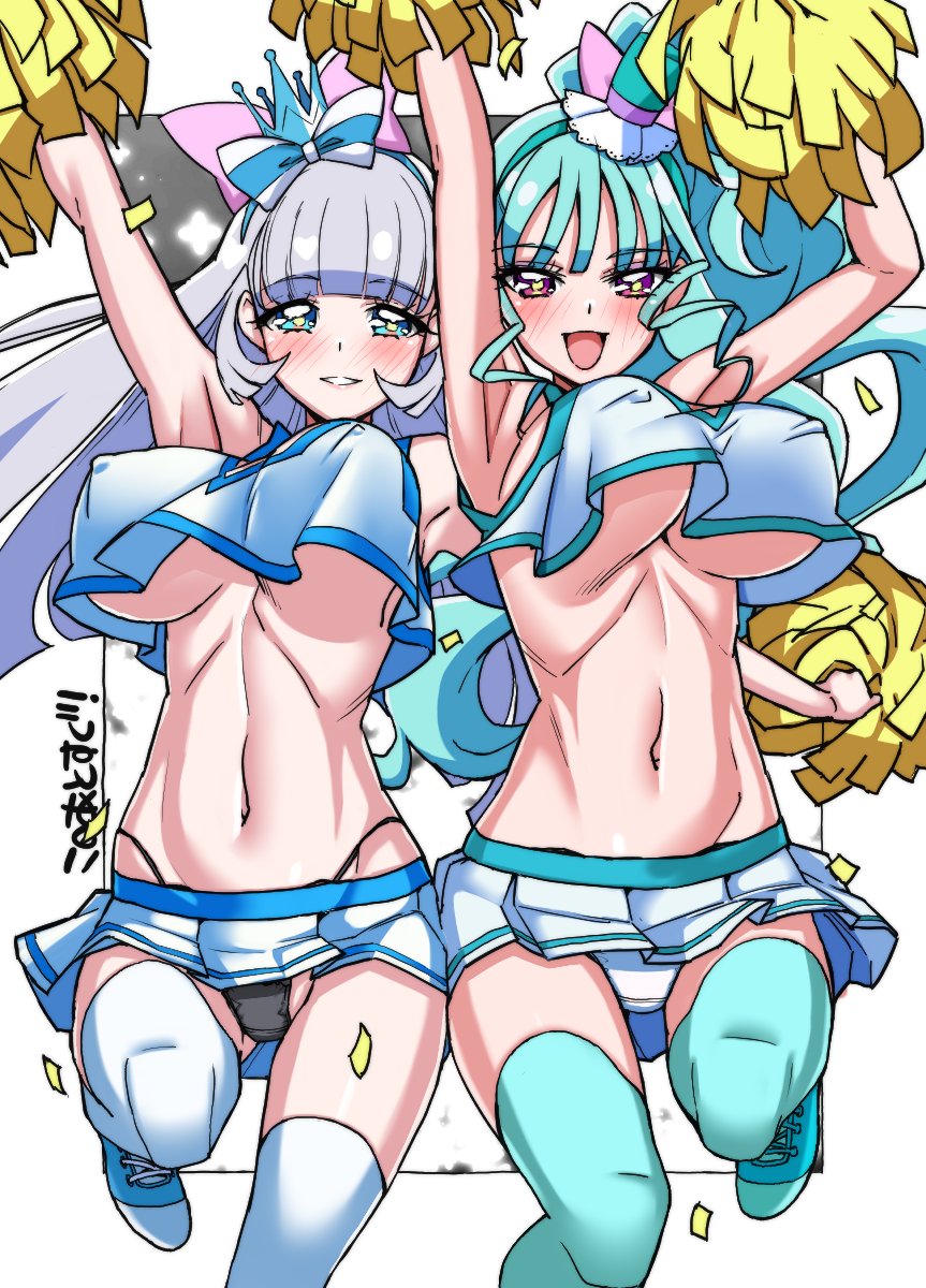 aqua_eyes aqua_thighhighs armpits arms_up asortofcolorfag black_panties bouncing_breasts breasts cheerleader colorized commentary cropped_shirt crown cure_lillian cure_nyammy english_commentary grey_hair hair_ribbon hat highres holding holding_pom_poms lips mini_crown mini_hat mini_top_hat miniskirt miyagoe_yoshitsuki navel nekoyashiki_mayu nekoyashiki_yuki panties pom_pom_(cheerleading) pom_poms precure red_eyes ribbon skirt standing standing_on_one_leg stomach teeth thighhighs top_hat underboob underwear white_panties white_thighhighs