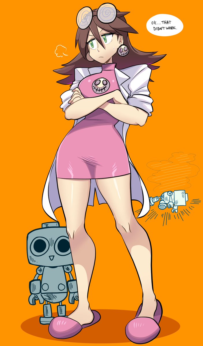 1girl brown_hair coat commentary crossed_arms dress earrings english_commentary english_text eyewear_on_head full_body green_eyes hair_between_eyes jewelry long_hair mega_man_(series) mega_man_legends_(series) missandydandy pink_dress servbot_(mega_man) skull_earrings speech_bubble sweat tron_bonne_(mega_man) white_coat