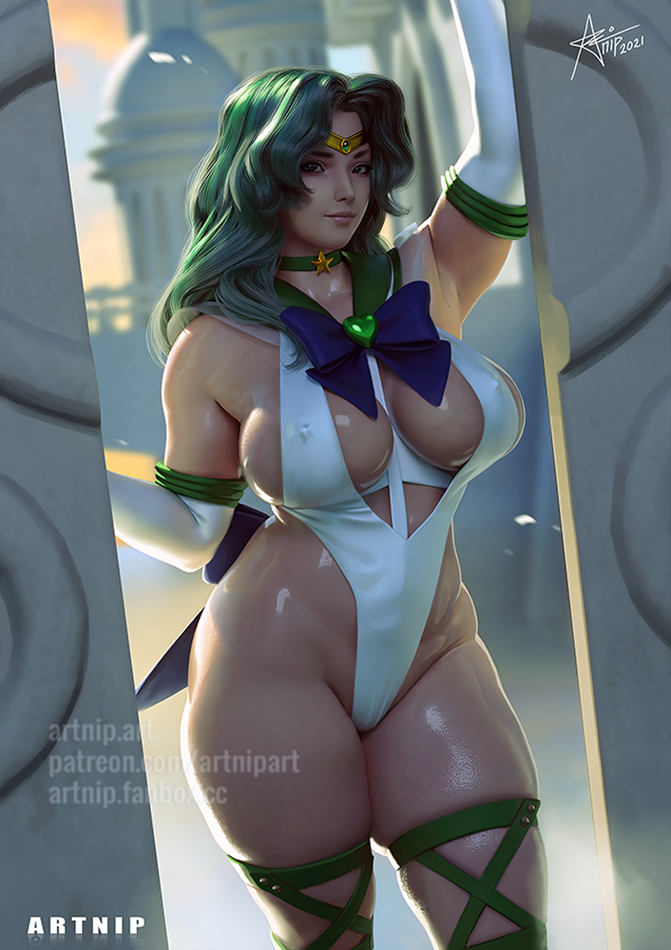 1girl arm_up artnip bishoujo_senshi_sailor_moon breasts doorway gloves green_eyes green_hair kaiou_michiru large_breasts leotard ribbon sailor_neptune solo thick_thighs thighs wavy_hair