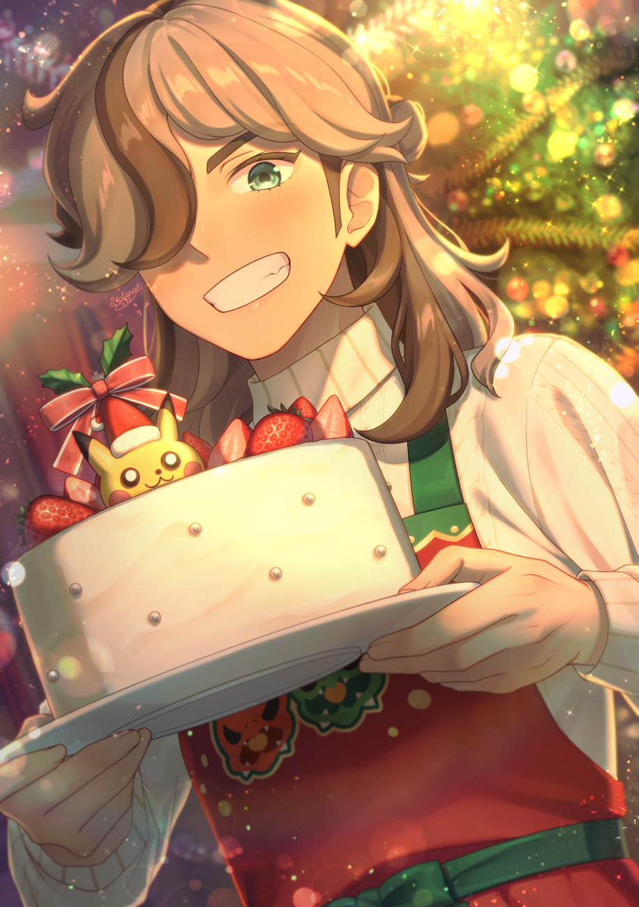 1boy apron arven_(holiday_2025)_(pokemon) arven_(pokemon) brown_hair cake character-themed_food christmas christmas_tree commentary_request dutch_angle food fruit hair_over_one_eye highres looking_at_viewer male_focus nintendo official_alternate_costume pokemon pokemon_masters_ex red_apron solo sparkle strawberry sweater wakame1441 white_sweater