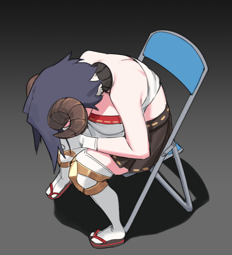 1girl anila_(granblue_fantasy) anila_(granblue_fantasy)_(cosplay) bare_shoulders blue_hair breasts commentary cosplay crop_top dasdokter english_commentary granblue_fantasy granblue_fantasy_versus:_rising hololive hololive_english horns large_breasts meme navel neon_genesis_evangelion ouro_kronii sandals sheep_horns shinji_in_a_chair_(meme) short_hair sitting skirt solo thighhighs virtual_youtuber