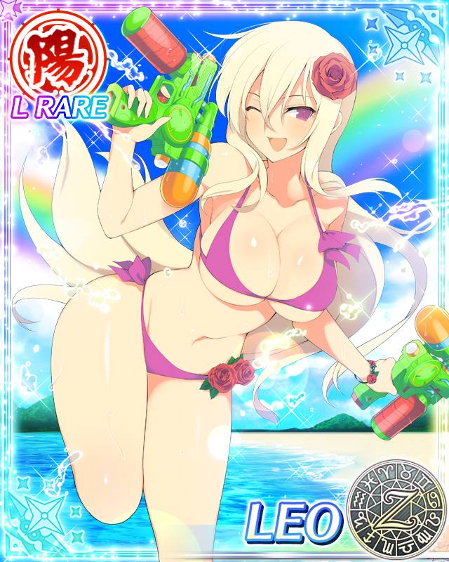 1girl :d aquarius_(symbol) aries_(symbol) beach bikini blonde_hair blue_sky blush breasts cancer_(symbol) capricorn_(symbol) card_(medium) character_name cleavage cloud collarbone day dodecagram dual_wielding flower flower_ornament gemini_(symbol) groin hair_between_eyes hair_flower hair_ornament holding holding_water_gun large_breasts leo_(senran_kagura) leo_(symbol) libra_(symbol) long_hair looking_at_viewer mountain mountainous_horizon navel ocean official_art one_eye_closed open_mouth outdoors pisces_(symbol) purple_bikini purple_eyes rainbow red_flower red_rose rose sagittarius_(symbol) school_emblem scorpio_(symbol) senran_kagura senran_kagura_new_wave senran_kagura_peach_beach_splash shiny_skin side-tie_bikini_bottom skindentation sky smile solo sparkle splashing standing standing_on_one_leg swimsuit taurus_(symbol) toy_gun very_long_hair virgo_(symbol) water water_fight water_gun wet zodiac_wheel
