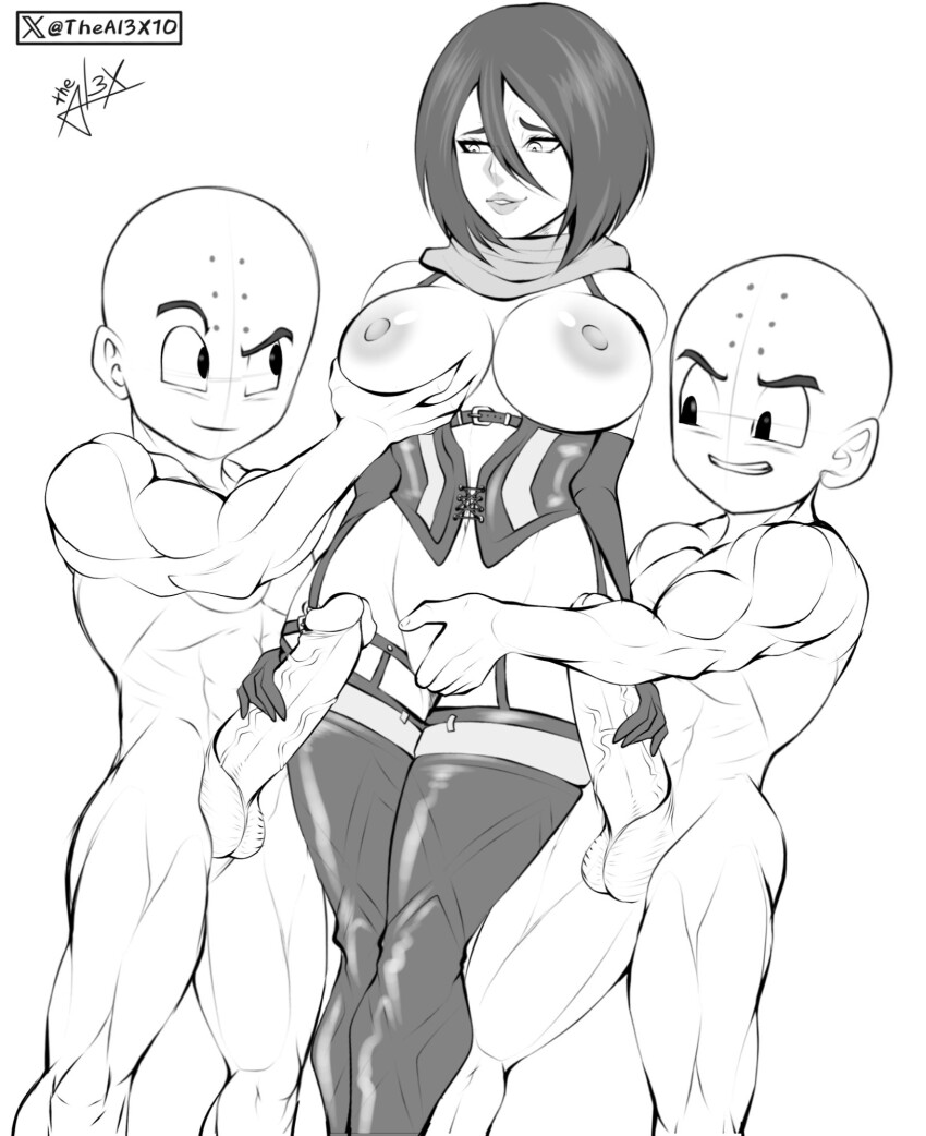 1girl 2boys affair bad_tag bald bald_male betrayal black_eyes black_hair blush breasts cheating_(relationship) clone crossover disgrace disgust dragon_ball dual_persona excited excited_for_sex fingering groping_breast happy incest infidelity kuririn large_breasts large_penis mikasa_ackerman multiple_boys muscular muscular_male netorare netorase nipples out_of_character penis penis_grab shingeki_no_kyojin smile smug theal3x10 thick_thighs thighs trash uncensored unfaithful veins veiny_penis