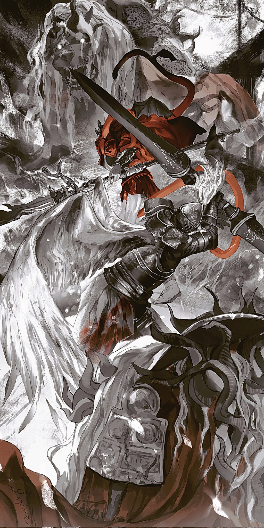 2boys armor black_knight_captain_huw divine_beast_dancing_lion elden_ring elden_ring:_shadow_of_the_erdtree full_armor helmet highres holding holding_polearm holding_weapon horns knight long_hair male_focus messmer_the_impaler monster multiple_boys polearm red_hair snake spear tokaoioi1 twin_blades weapon white_hair white_wings wings