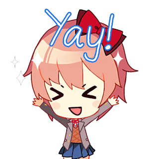 &gt;_&lt; 1girl animated animated_png artist_request blue_skirt bow chibi chibi_only coat doki_doki_literature_club english_text foot_out_of_frame grey_coat grin hair_bow jumping lowres neck_ribbon official_art outstretched_arms pink_hair pink_vest ribbon sayori_(doki_doki_literature_club) short_hair skirt smile socks solo sparkle standing standing_on_one_leg vest white_socks