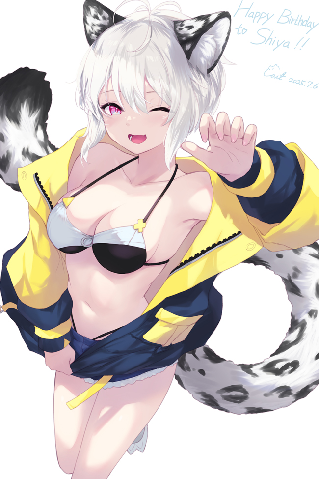 1girl animal_ear_fluff bikini bikini_under_clothes breasts cait_aron dated english_text indie_virtual_youtuber jacket kusubashi_shiya looking_at_viewer medium_breasts navel one_eye_closed open_clothes open_jacket open_mouth red_eyes short_hair shorts snow_leopard_ears snow_leopard_girl snow_leopard_tail solo swimsuit virtual_youtuber white_background white_hair