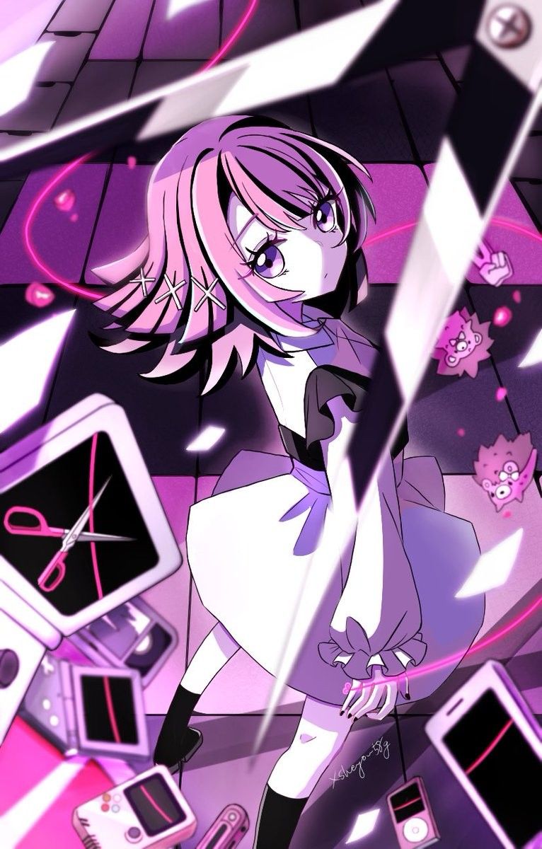 1girl artist_name baka_janai_noni_(zutomayo) black_boots black_bustier black_hair black_nails boots bustier closed_mouth colored_inner_hair commentary_request controller dress_shirt fingernails game_console hair_ornament handheld_game_console hedgehog highres long_sleeves looking_at_viewer medium_hair mimikayushi_(zutomayo) mochopaccho multicolored_hair nail_polish nira-chan nira-chan_(baka_janai_noni)_(zutomayo) pink_hair pink_theme purple_eyes shirt standing streaked_hair string string_of_fate twitter_username uniguri_(zutomayo) white_shirt x_hair_ornament zutto_mayonaka_de_ii_no_ni