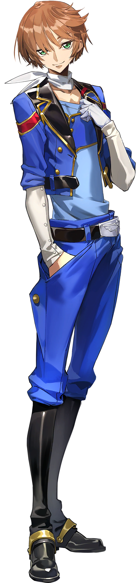 1boy belt blue_jacket brown_hair closed_mouth code_geass code_geass:_boukoku_no_akito code_geass:_genesic_re;code full_body green_eyes highres jacket long_image looking_at_viewer military_uniform naruse_yukiya official_art open_clothes open_jacket short_hair simple_background smile solo tall_image transparent_background