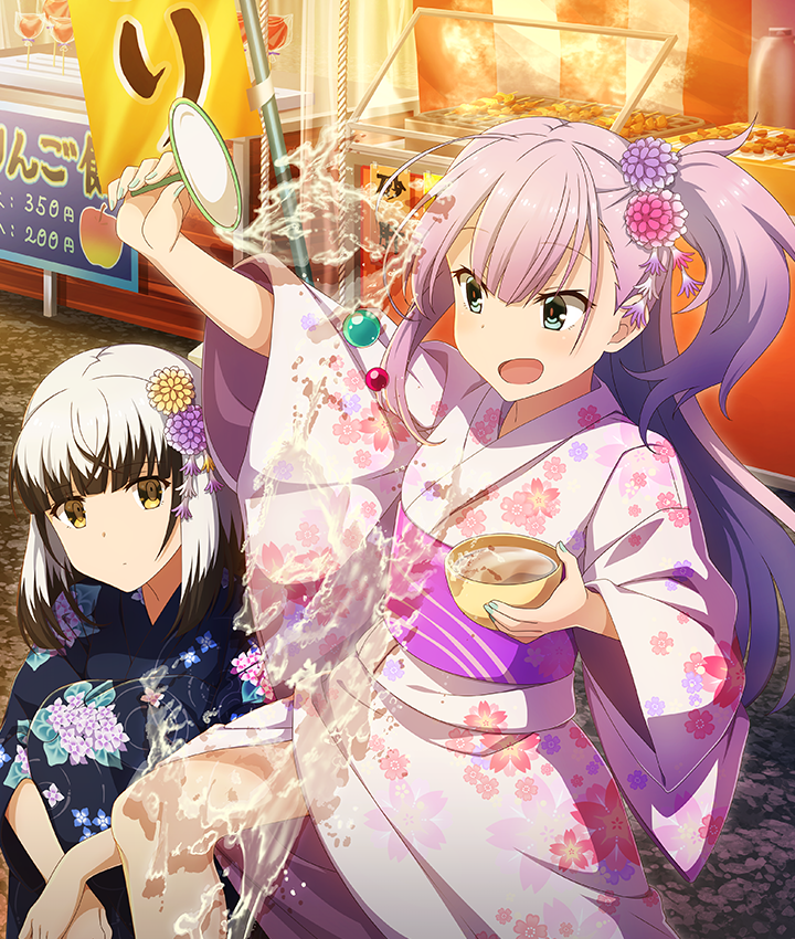 2girls apple banner black_hair black_kimono blush bowl brown_eyes candy_apple closed_mouth colored_tips dot_nose floral_print floral_print_kimono flower food food_stand fruit game_cg goldfish_scooping green_eyes green_nails grey_hair hair_flower hair_ornament holding holding_bowl hugging_own_legs japanese_clothes kimono knees_up long_hair looking_at_another medium_hair multicolored_hair multiple_girls night obi official_art on_ground open_mouth outdoors pink_flower pink_kimono poi_(goldfish_scoop) print_kimono purple_flower purple_hair purple_sash red_pupils sash satsuki_yomi side_ponytail sign sitting skewer smoke splashing summer_festival third-party_source toji_no_miko toji_no_miko:_kizamishi_issen_no_tomoshibi tsubakuro_yume uneven_footing water yukata