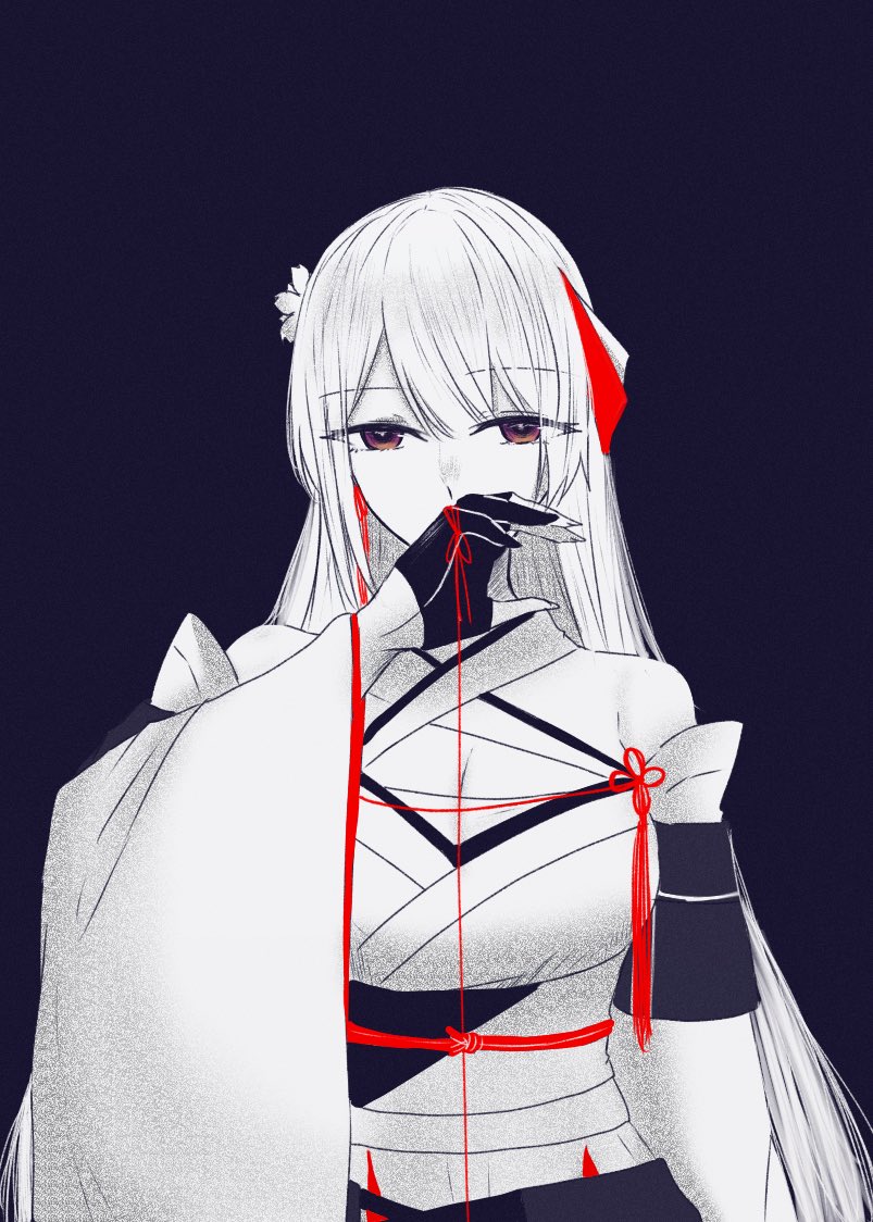 1girl arm_at_side assault_lily bare_shoulders blue_background breasts cleavage covered_mouth covering_own_mouth criss-cross_halter detached_sleeves flower flower_knot funada_ui gloves greyscale_with_colored_background hair_flower hair_ornament hair_ribbon half_gloves halterneck hand_over_own_mouth hand_up japanese_clothes kimono large_breasts long_hair long_sleeves looking_at_viewer nigari_(ngari_0115) obi obijime partially_fingerless_gloves purple_eyes red_ribbon ribbon sash simple_background sleeveless sleeveless_kimono solo spot_color string string_around_finger string_of_fate tassel upper_body very_long_hair wide_sleeves