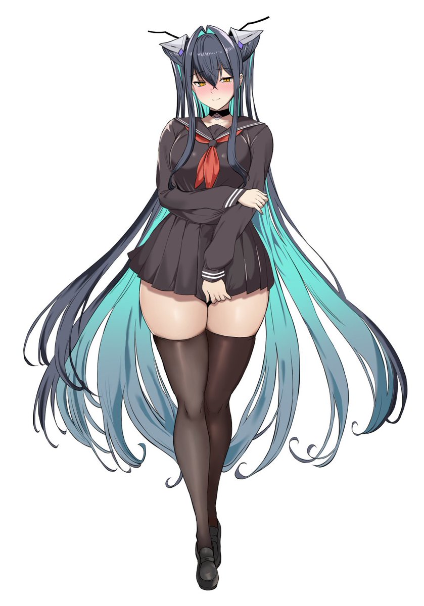 1girl 384muchimuchi absurdly_long_hair alternate_costume black_hair black_serafuku black_shoes black_skirt black_thighhighs breasts colored_inner_hair commentary_request goddess_of_victory:_nikke green_hair hair_intakes highres large_breasts little_mermaid_(nikke) long_hair looking_at_viewer miniskirt multicolored_hair neckerchief pleated_skirt red_neckerchief school_uniform serafuku shoes simple_background skirt solo thighhighs thighs two-tone_hair very_long_hair white_background yellow_eyes zettai_ryouiki