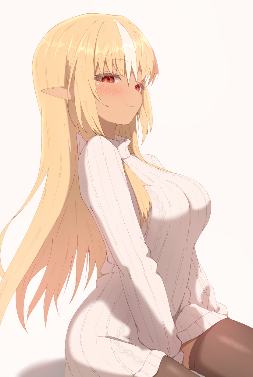 1girl black_thighhighs breasts brown_hair commentary dark-skinned_female dark_elf dark_skin elf half-closed_eyes highres hololive large_breasts long_hair long_sleeves looking_at_viewer multicolored_hair pointy_ears red_eyes ribbed_sweater sen_(senkuden) shiranui_flare sidelocks simple_background smile solo streaked_hair sweater symbol-only_commentary thighhighs turtleneck turtleneck_sweater two-tone_hair upper_body virtual_youtuber white_background white_hair white_sweater