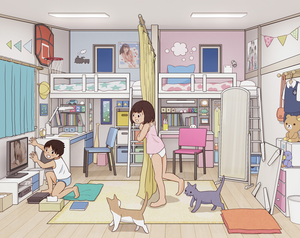 kiyo (kyokyo1220), tagme, 1boy, 1girl, brother and sister, camisole, cat,  caught, game console, indoors, loaded interior, loli, panties, playstation  4, pornography, shota, siblings, surprised, underwear, white panties -  Image View - |