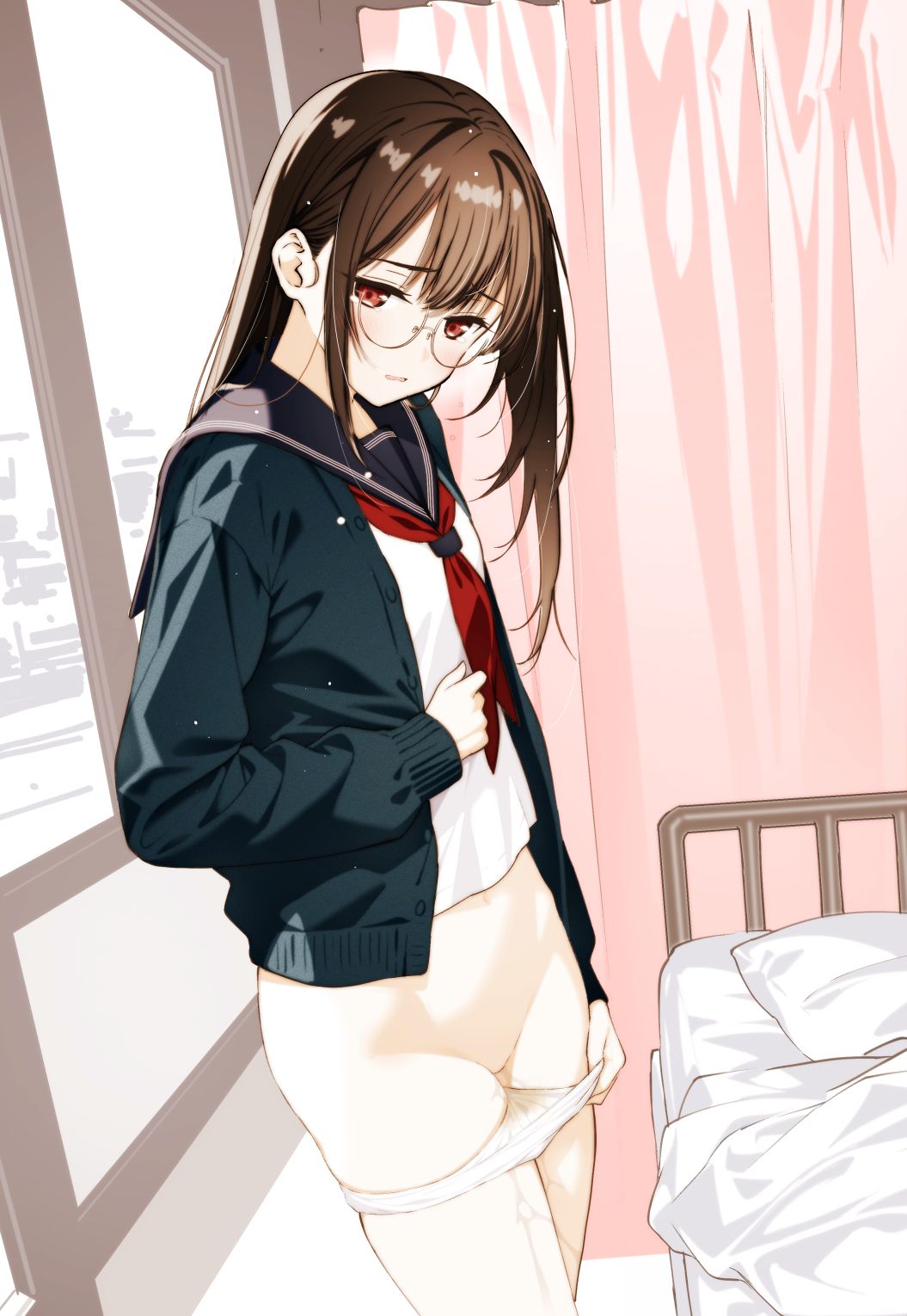 1girl bed black_hair blush breasts embarrassed flat_chest glasses loli moonsorrow original panties panty_pull peeing pussy_juice school_uniform serafuku small_breasts solo tagme uncensored underwear wet wet_clothes wet_panties