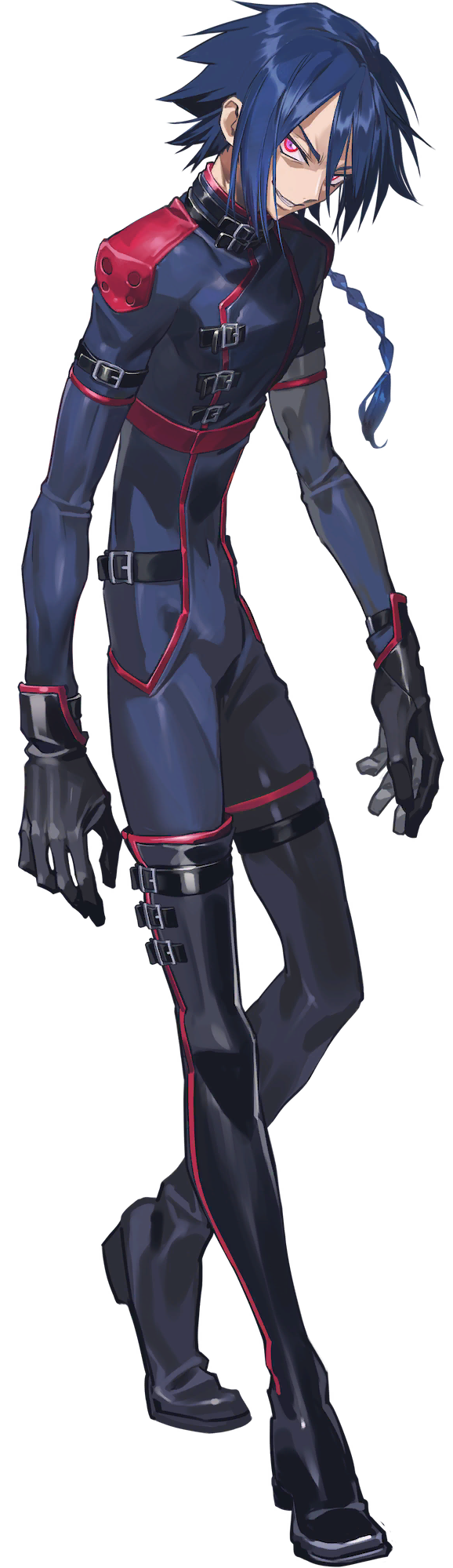 1boy black_gloves black_hair blue_bodysuit blue_hair bodysuit code_geass code_geass:_boukoku_no_akito code_geass:_genesic_re;code full_body gloves grin highres hyuuga_akito long_hair looking_at_viewer male_focus official_art red_eyes simple_background smile solo teeth transparent_background