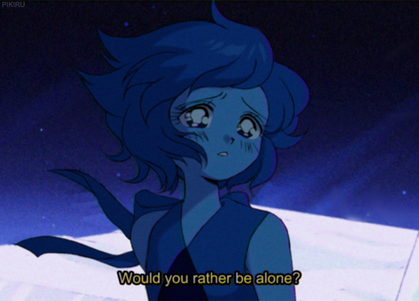 1990s_(style) 1girl animification arms_at_sides back_ribbon black_eyes blue_hair blue_ribbon blue_skin blue_theme bob_cut bright_pupils colored_skin dark derivative_work distortion english_text fake_screenshot film_grain furrowed_brow gradient_background gradient_sky lapis_lazuli_(steven_universe) looking_to_the_side night outdoors parted_lips pikiru retro_artstyle ribbon sad screenshot_redraw side_part sky sleeveless solo steven_universe subtitled tareme third-party_source upper_body wavy_eyes white_pupils